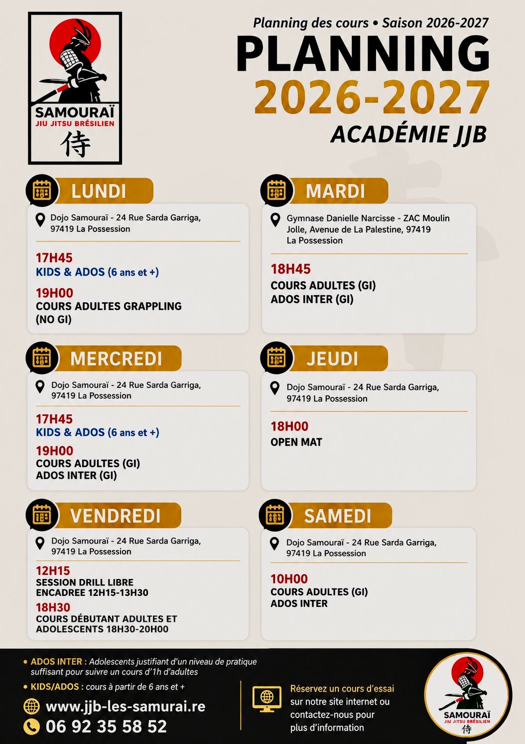 Planning officiel des cours JJB Les Samouraï pour la saison 2026–2027