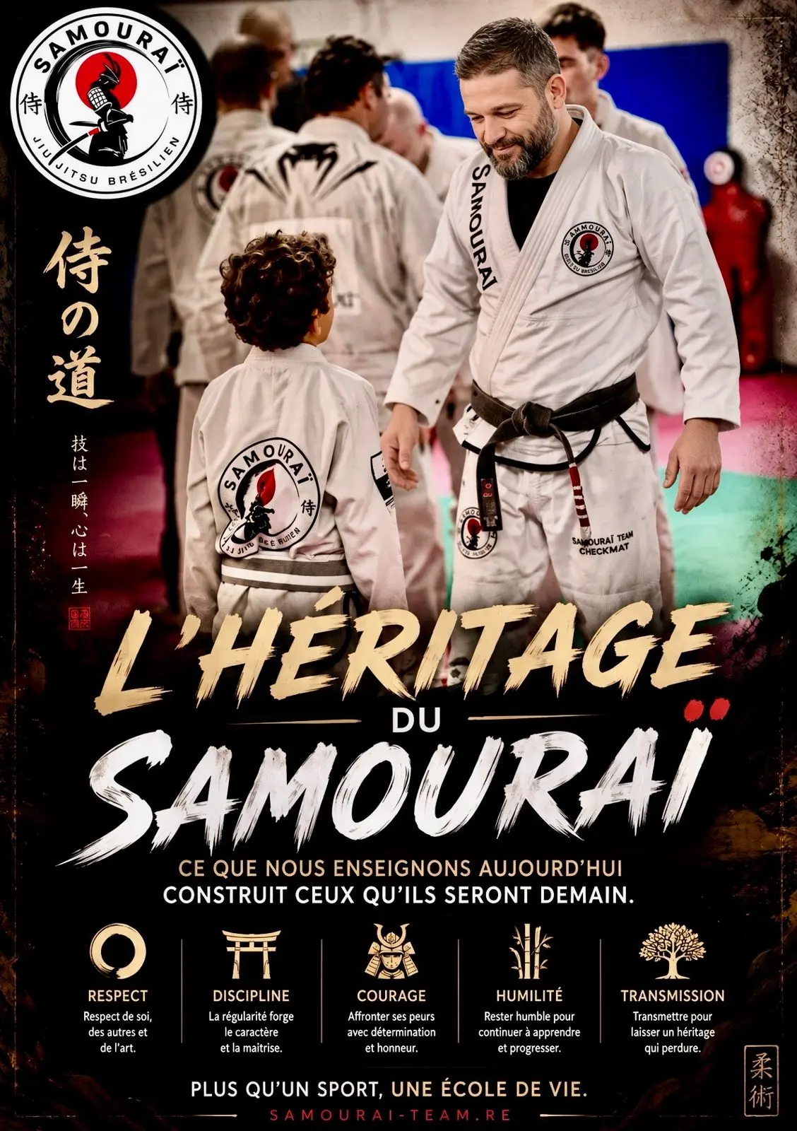 Affiche L’héritage du Samouraï présentant un professeur de JJB face à un enfant sur le tatami