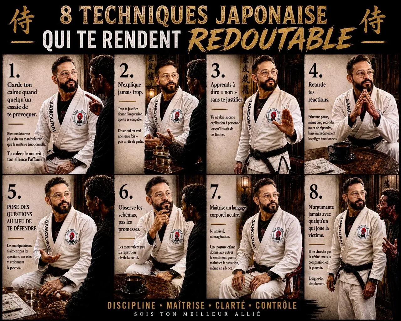 Affiche en huit scènes sur la maîtrise de soi et la communication avec un professeur de JJB