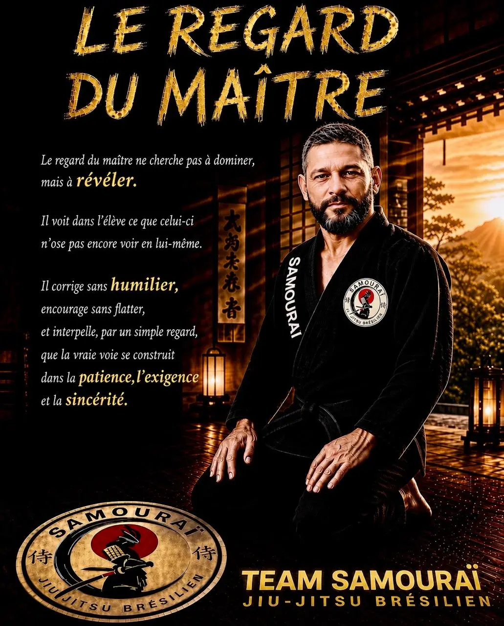 Affiche Le regard du maître avec un professeur de JJB en kimono noir dans un dojo japonais